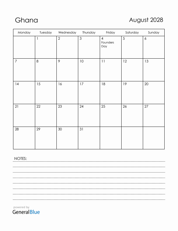 August 2028 Ghana Calendar with Holidays (Monday Start)