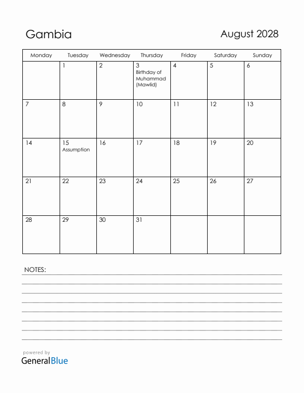 August 2028 Gambia Calendar with Holidays (Monday Start)