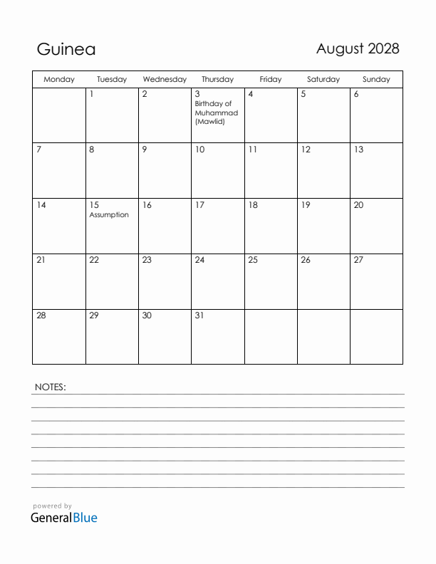 August 2028 Guinea Calendar with Holidays (Monday Start)