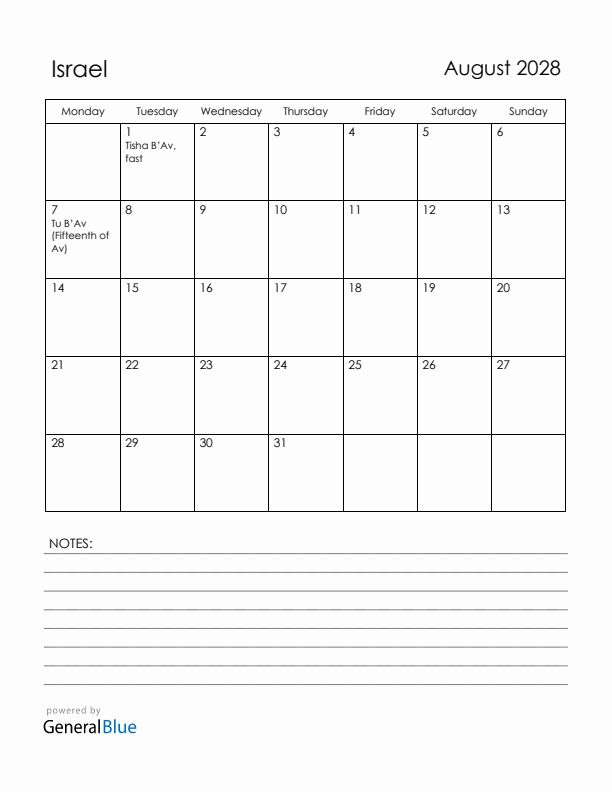 August 2028 Israel Calendar with Holidays (Monday Start)