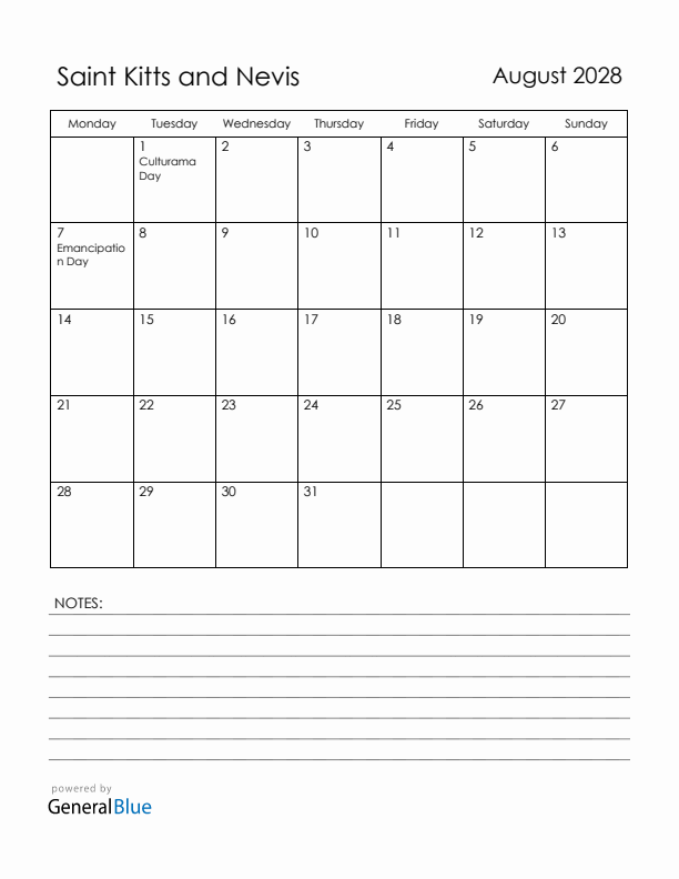 August 2028 Saint Kitts and Nevis Calendar with Holidays (Monday Start)