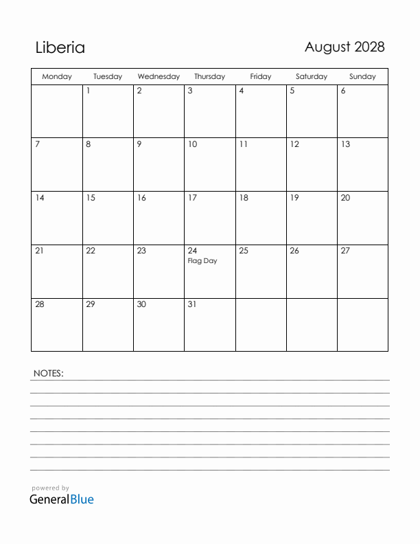 August 2028 Liberia Calendar with Holidays (Monday Start)