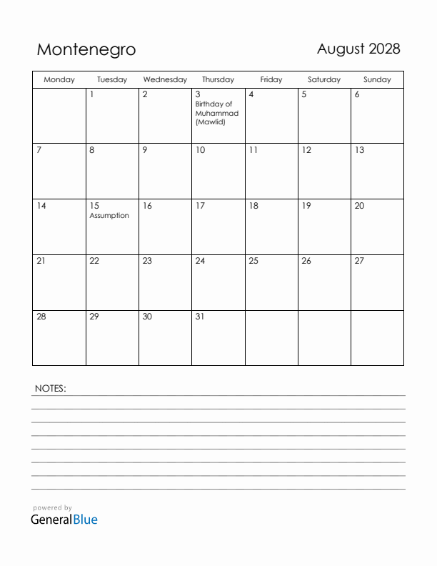 August 2028 Montenegro Calendar with Holidays (Monday Start)