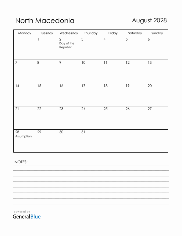 August 2028 North Macedonia Calendar with Holidays (Monday Start)