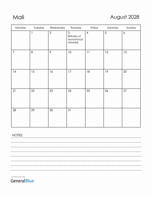 August 2028 Mali Calendar with Holidays (Monday Start)