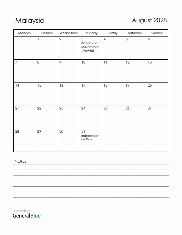 August 2028 Malaysia Calendar with Holidays (Monday Start)