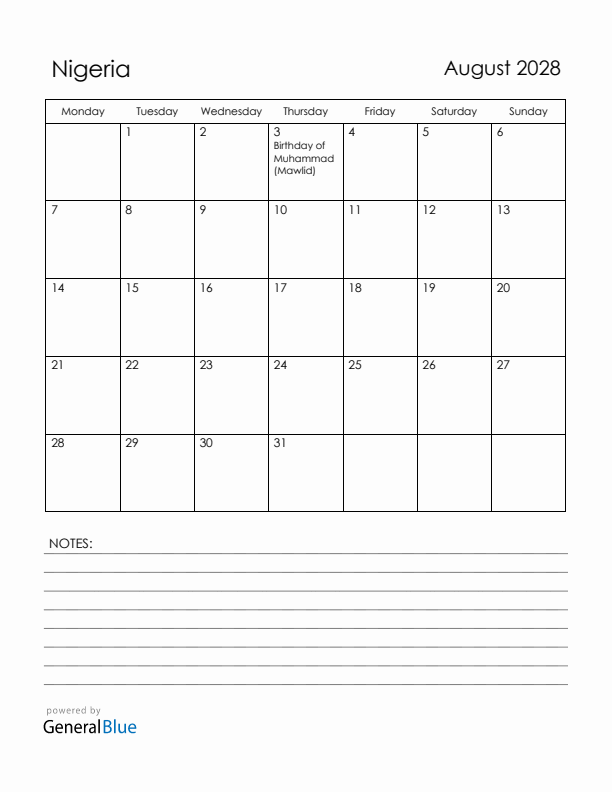 August 2028 Nigeria Calendar with Holidays (Monday Start)