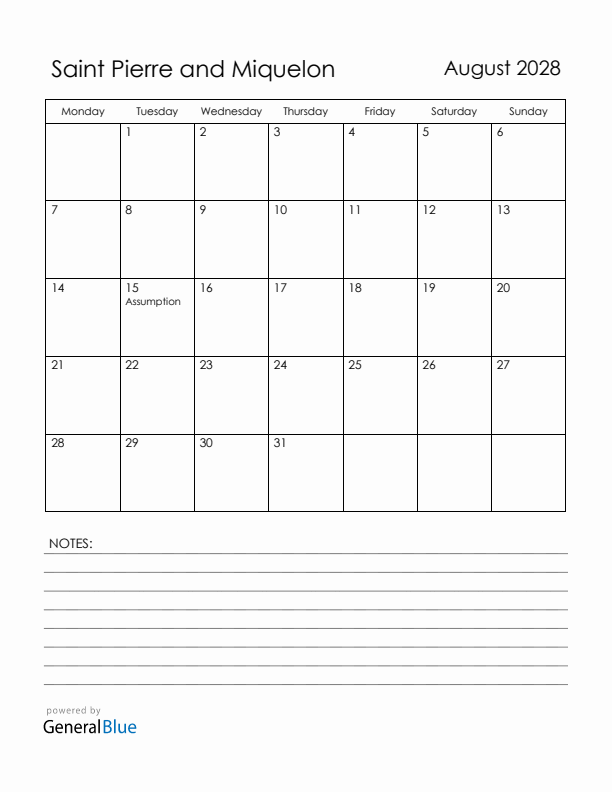 August 2028 Saint Pierre and Miquelon Calendar with Holidays (Monday Start)