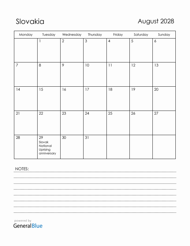 August 2028 Slovakia Calendar with Holidays (Monday Start)