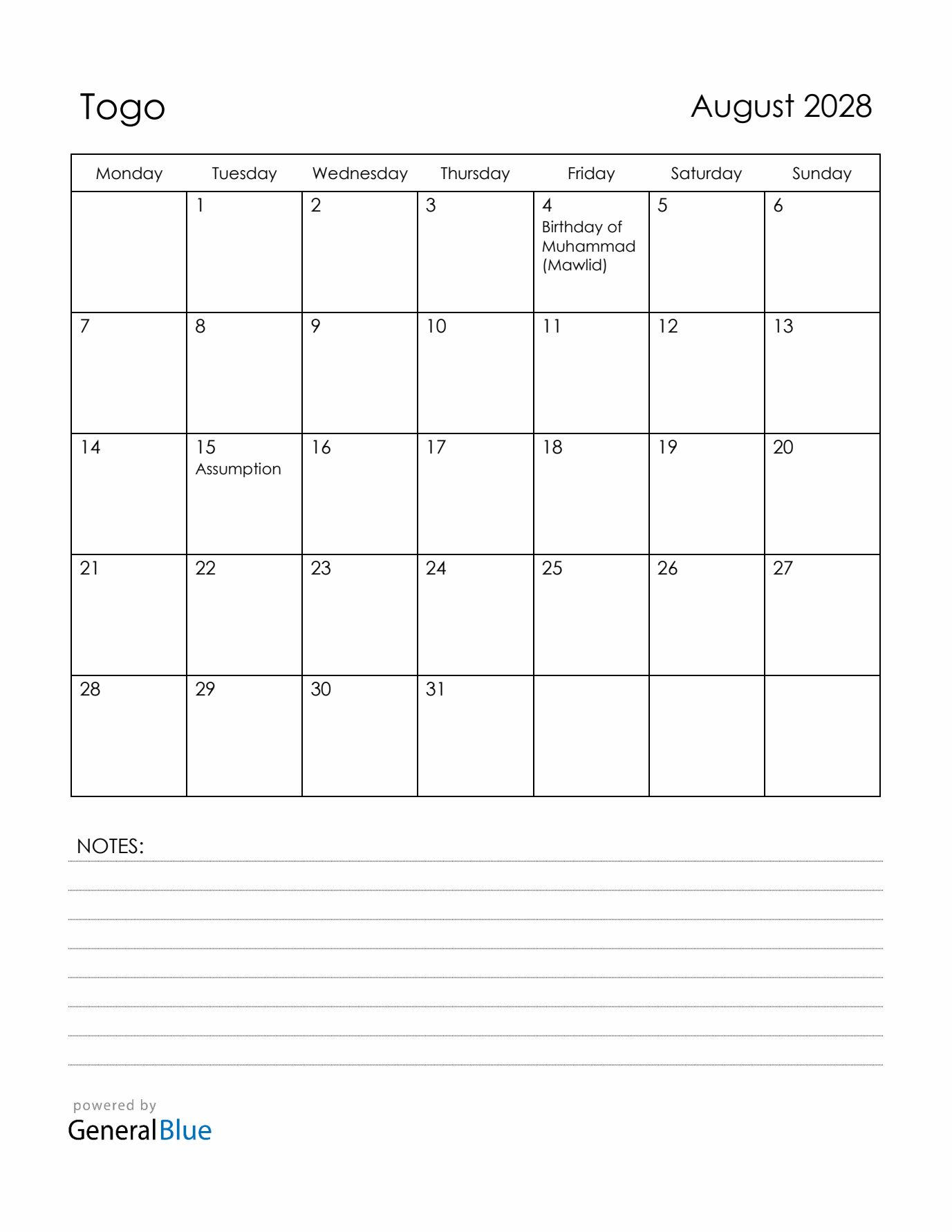 August 2028 Togo Calendar with Holidays (Monday Start)
