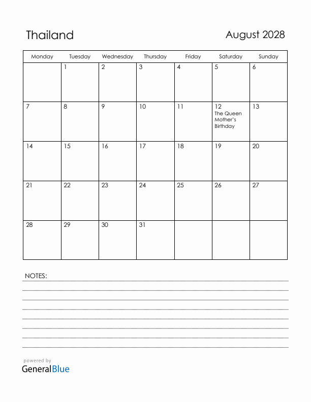August 2028 Thailand Calendar with Holidays (Monday Start)