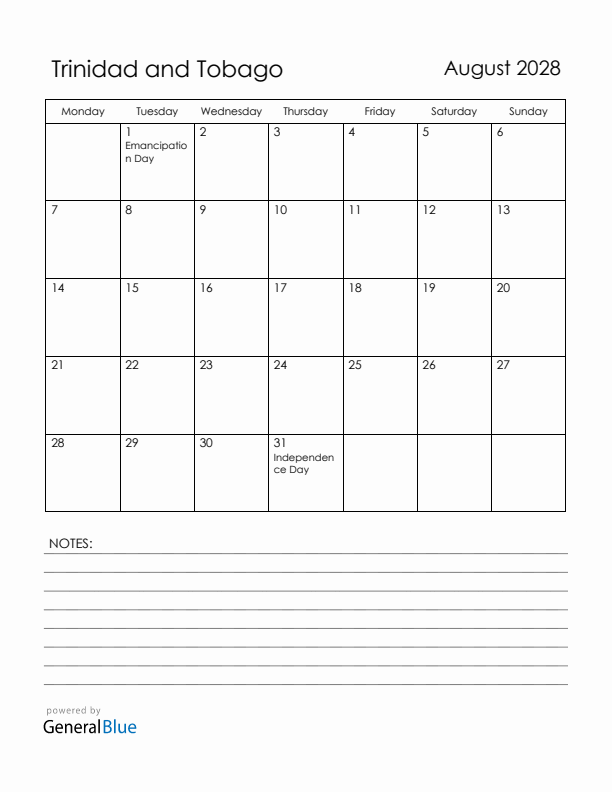 August 2028 Trinidad and Tobago Calendar with Holidays (Monday Start)
