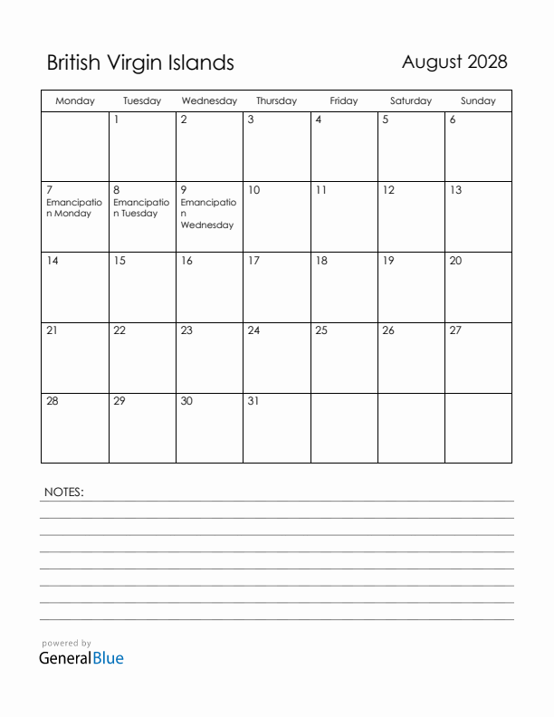 August 2028 British Virgin Islands Calendar with Holidays (Monday Start)