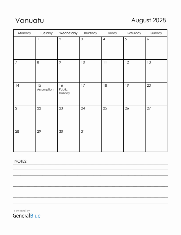 August 2028 Vanuatu Calendar with Holidays (Monday Start)