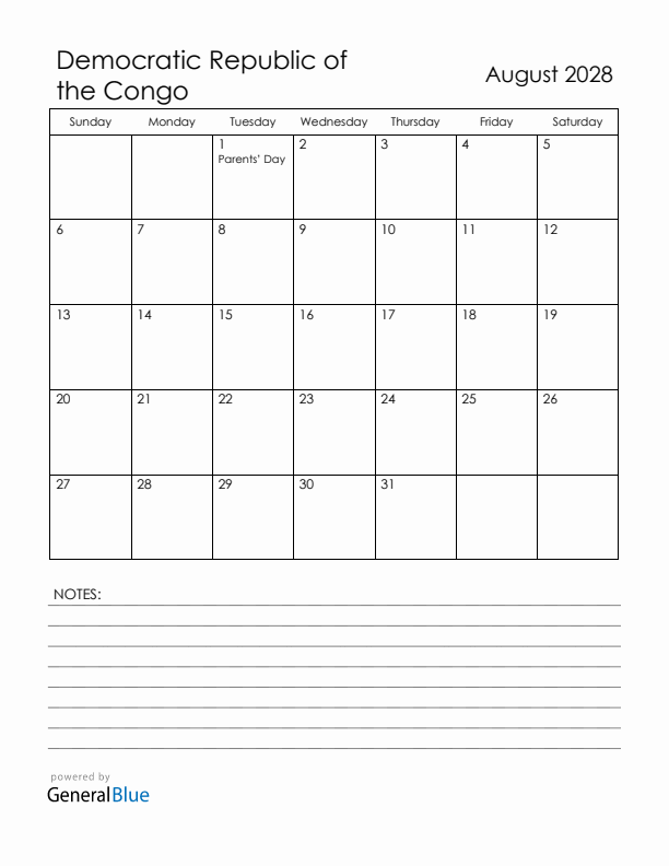 August 2028 Democratic Republic of the Congo Calendar with Holidays (Sunday Start)