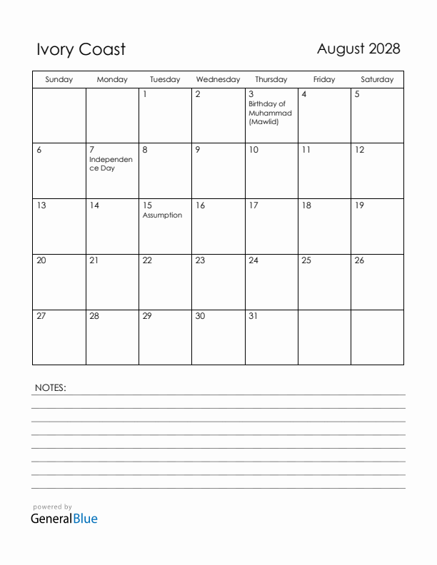 August 2028 Ivory Coast Calendar with Holidays (Sunday Start)