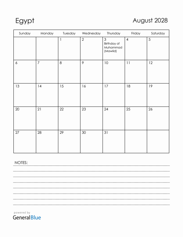 August 2028 Egypt Calendar with Holidays (Sunday Start)