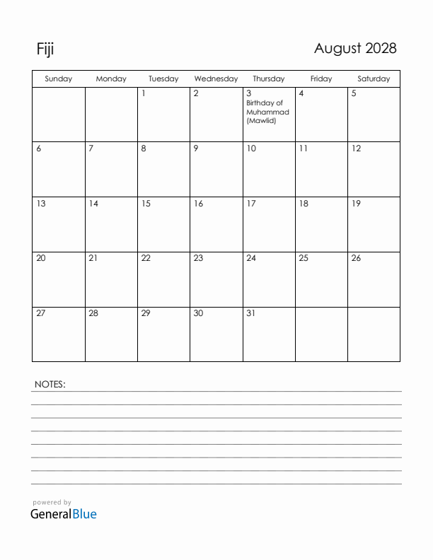 August 2028 Fiji Calendar with Holidays (Sunday Start)