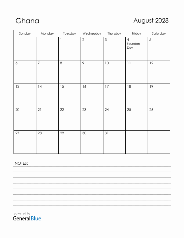 August 2028 Ghana Calendar with Holidays (Sunday Start)