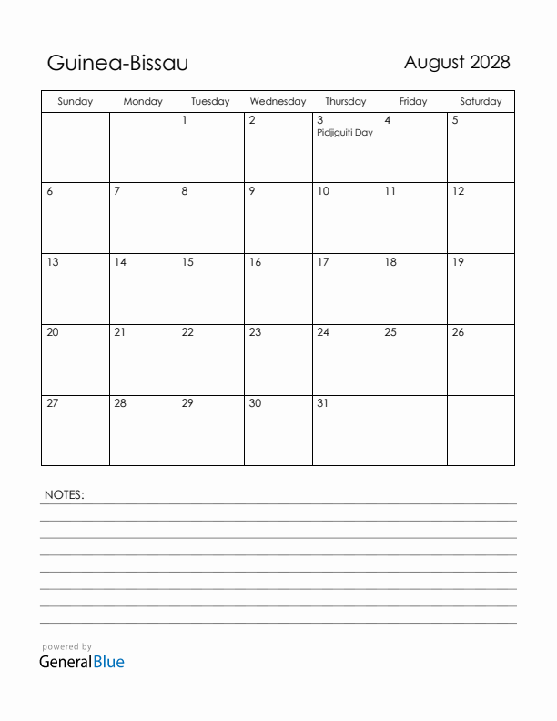 August 2028 Guinea-Bissau Calendar with Holidays (Sunday Start)