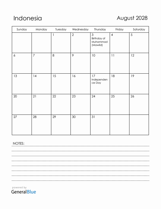 August 2028 Indonesia Calendar with Holidays (Sunday Start)