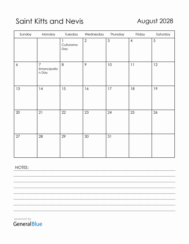 August 2028 Saint Kitts and Nevis Calendar with Holidays (Sunday Start)