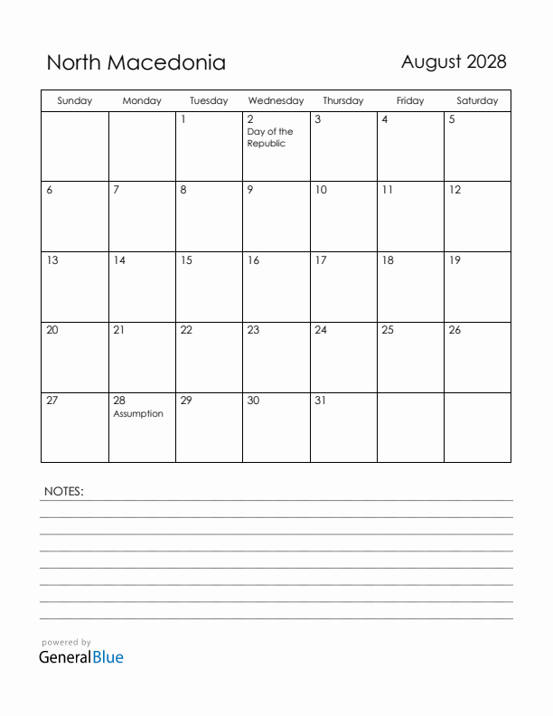August 2028 North Macedonia Calendar with Holidays (Sunday Start)