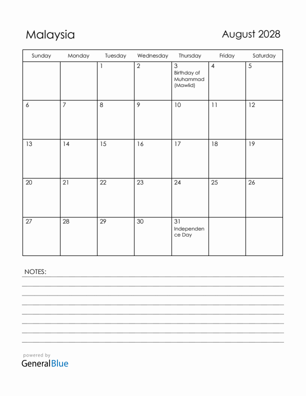 August 2028 Malaysia Calendar with Holidays (Sunday Start)