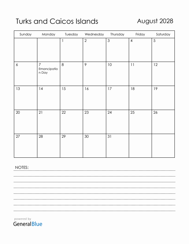 August 2028 Turks and Caicos Islands Calendar with Holidays (Sunday Start)