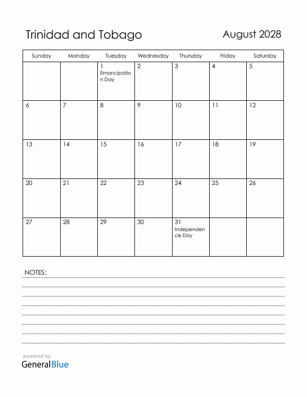 August 2028 Trinidad and Tobago Calendar with Holidays (Sunday Start)
