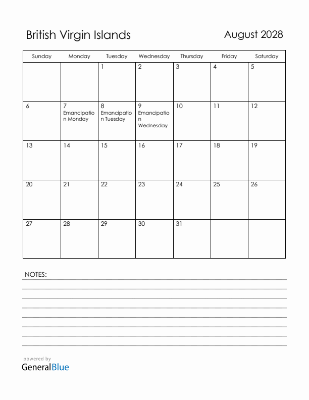 August 2028 British Virgin Islands Calendar with Holidays (Sunday Start)