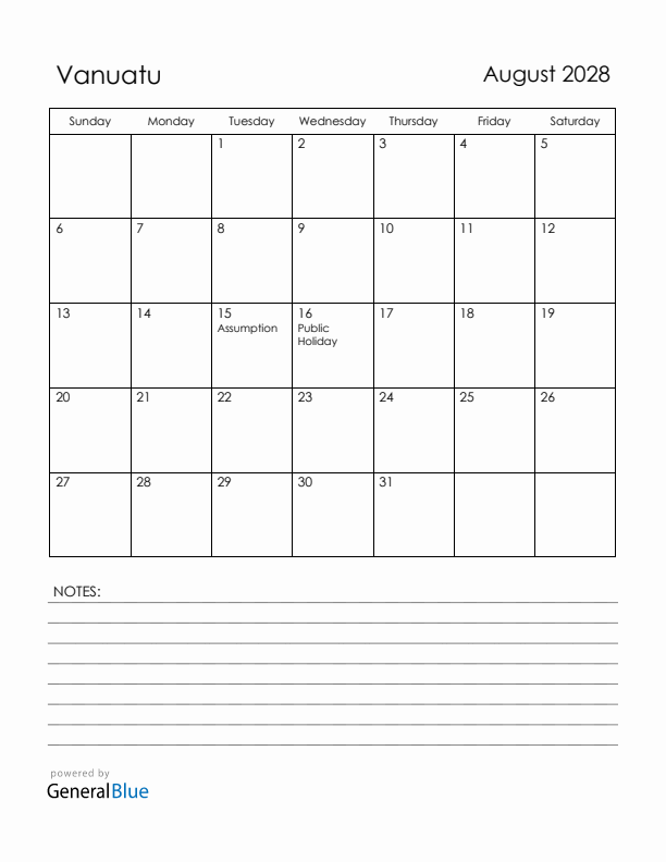 August 2028 Vanuatu Calendar with Holidays (Sunday Start)