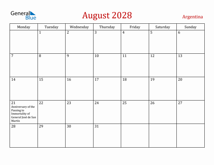 Argentina August 2028 Calendar - Monday Start