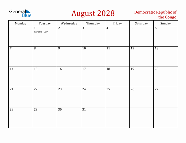 Democratic Republic of the Congo August 2028 Calendar - Monday Start