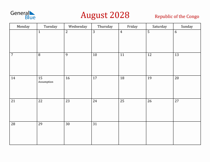 Republic of the Congo August 2028 Calendar - Monday Start