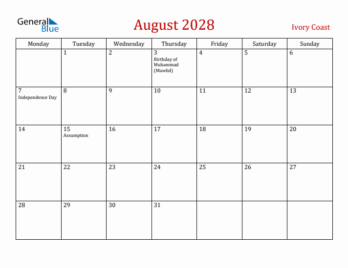 Ivory Coast August 2028 Calendar - Monday Start