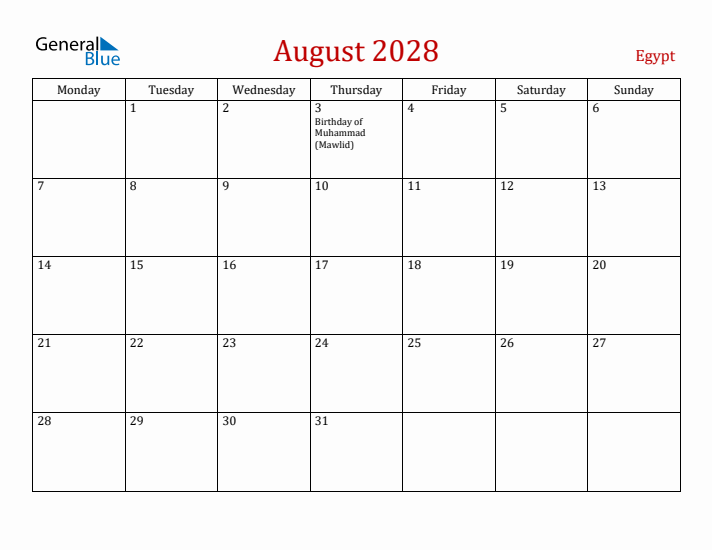 Egypt August 2028 Calendar - Monday Start