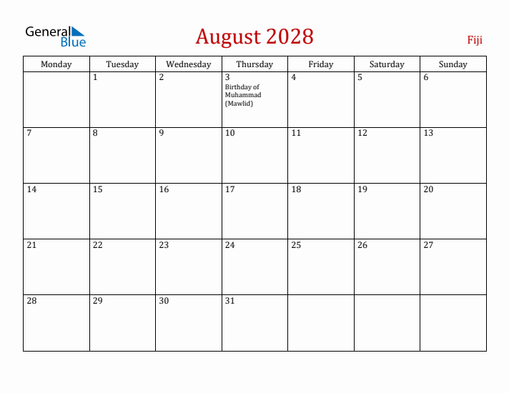 Fiji August 2028 Calendar - Monday Start