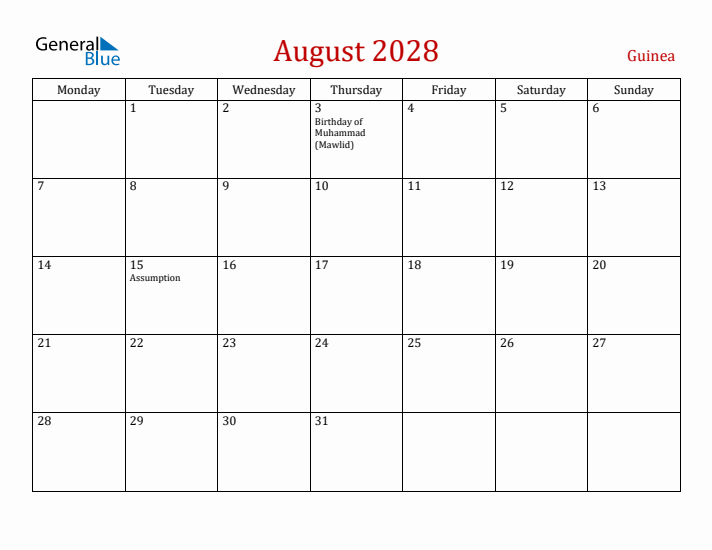 Guinea August 2028 Calendar - Monday Start