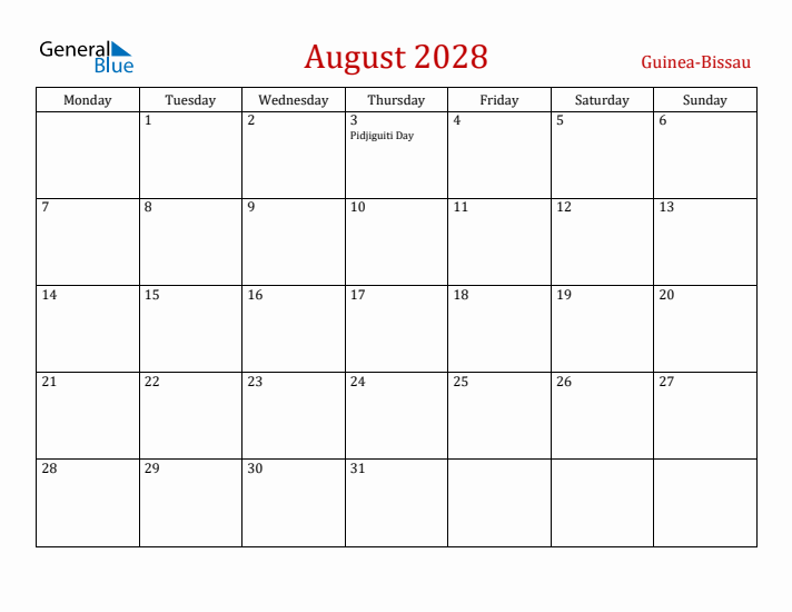 Guinea-Bissau August 2028 Calendar - Monday Start