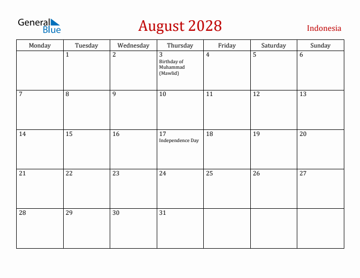 Indonesia August 2028 Calendar - Monday Start