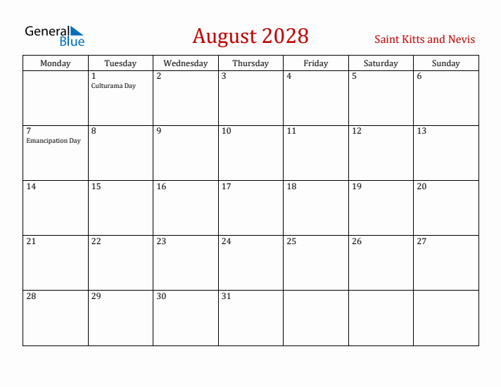 Saint Kitts and Nevis August 2028 Calendar - Monday Start
