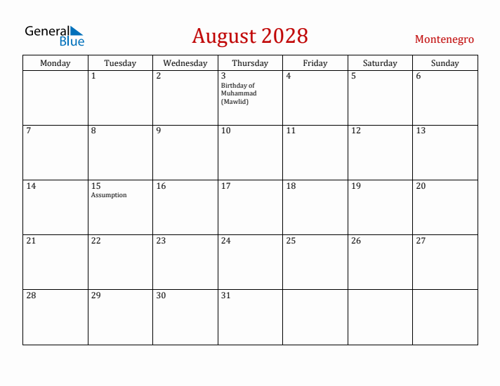 Montenegro August 2028 Calendar - Monday Start
