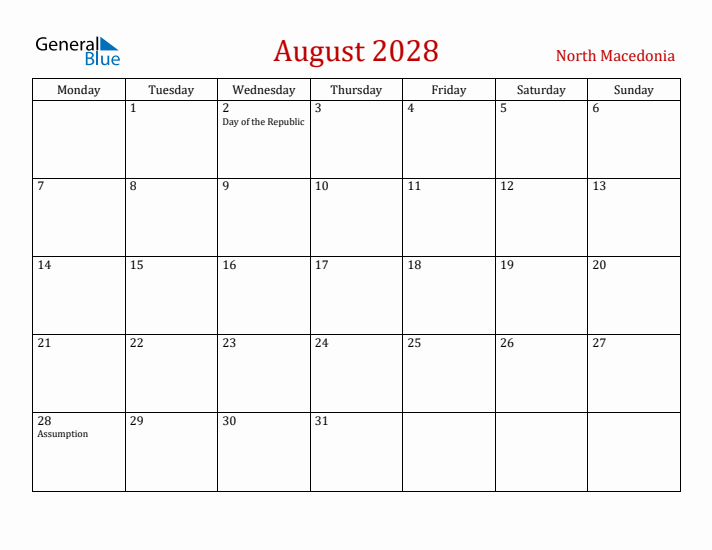 North Macedonia August 2028 Calendar - Monday Start