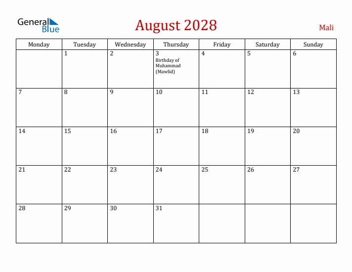 Mali August 2028 Calendar - Monday Start
