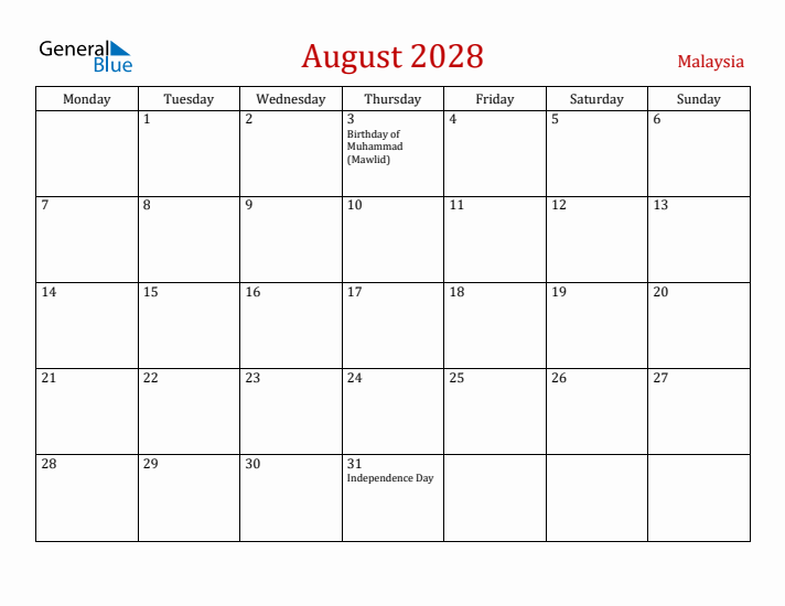 Malaysia August 2028 Calendar - Monday Start