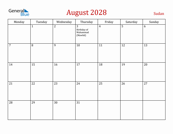 Sudan August 2028 Calendar - Monday Start