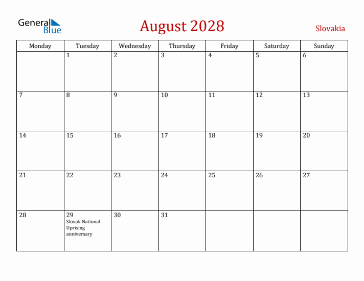 Slovakia August 2028 Calendar - Monday Start