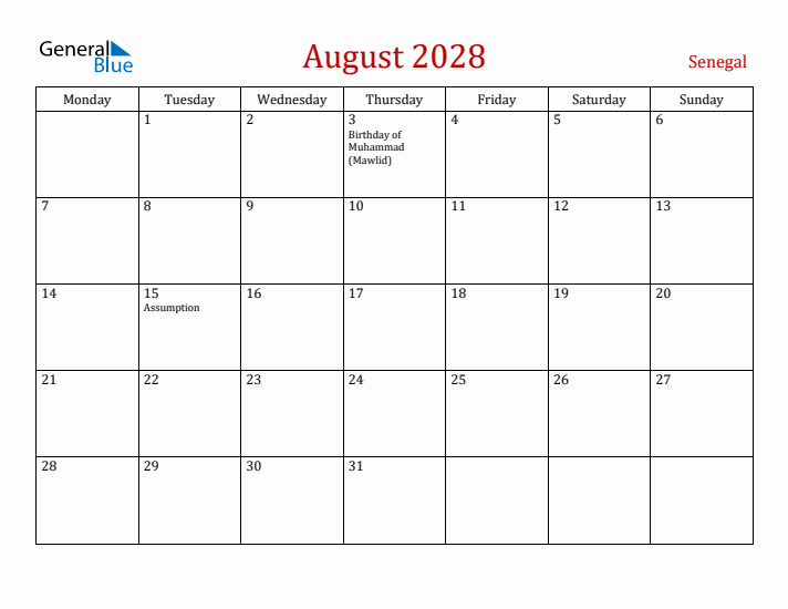 Senegal August 2028 Calendar - Monday Start