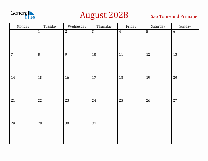 Sao Tome and Principe August 2028 Calendar - Monday Start